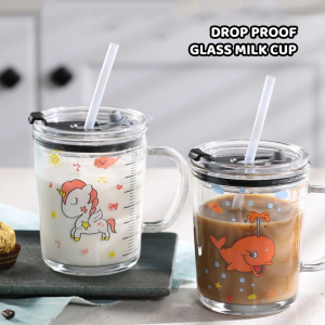 400ml Kids Milk Cup With Straw Baby Scale Glass Water Cups