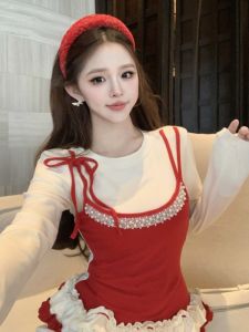 GUZILIAN | Sweet Lace Hem Long Sleeve T-Shirt Base Layer Shirt To Be Worn Under Top Layer Ballet Style Popular This Year Commute Style Slim Fit