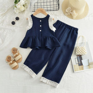Summer New Blue Imitation Denim Suit Lace Patchwork Sleeveless T-shirt Top + Wide Leg Pants Two-piece 3-10 Years Kids Girl Set