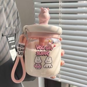 Cute Straw Stirring Plastic Water Cup High Aesthetic Value for Office Dual Drinking round Shape Heat Resistant Breakfast Cup