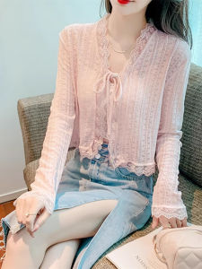 Summer Womens Sweet Short Lace Jacket Lightweight Open Cardigan Stylish Versatile Small Shawl Top with Tie Korean Style