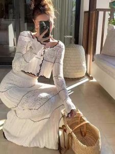 Thanh Lịch Thon Gọn Dệt Kim Áo Váy Bộ Hai Mảnh Nữ Mùa Thu Mùa Đông Bộ Đồ Thời Trang Dài Tay Phong Cách Phía Trên