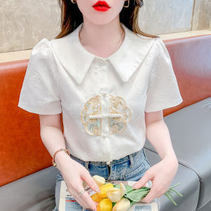 Áo Nữ Cổ Búp Bê mới phong cách trung quốc đa năng cổ áo sơ mi ngắn tay thêu Phong cách Trung Hoa mới phong cách áo nhỏ khí chất 2024 mùa hè cho nữ