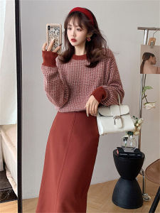 Red Plaid Knitted Sweater And Mini Skirt Set Festive Winter Outfit High-End Feel Half-length Skirt Ensemble for New Year