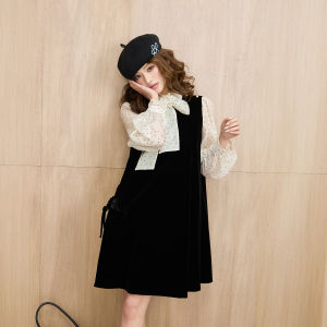 Floral Lace Dot Pattern Velvet A-Line Pinafore Skirt & Dress Set