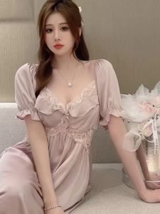 Váy Ngủ Ren Tay Ngắn Gợi Cảm Mùa Hè Váy Ngủ Lụa Băng Kiểu Pháp Có Đệm Ngực Váy Công Chúa Dài Đến Giữa Bắp Chân