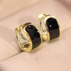 Huitan Black Enamel Design Hoop Earrings Gold Color Fashion Party Wedding Elegant Accessories Luxury Metal Jewelry for Lady Gift