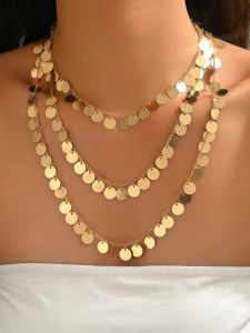 Bộ 3 Dây Chuyền Nữ Mặt Đĩa Vàng Kèm Tua Rua Lấp Lánh Phong Cách Boho Trang Sức Nổi Bật Quà Tặng Dự Tiệc Thời Thượng Chất Liệu Đồng Nhiều Lớp