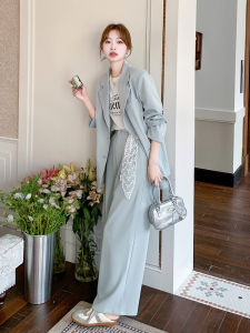 Gray Blue Korean Style Womens Suit Set with Lace Belt Wide Leg Pants Two Piece Set Fashionable Spring Collection 2025