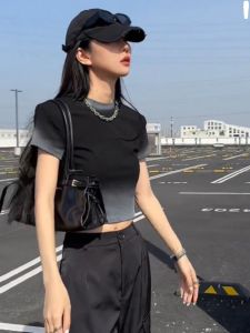 สไตล์อเมริกัน เสื้อยืดแขนสั้นมัดย้อม ผู้หญิง ฤดูร้อน ดีไซน์ Sensible Mini High เอว พรางหุ่น Spicy เสื้อท่อนบน คอกลมตัวยาวสั้น