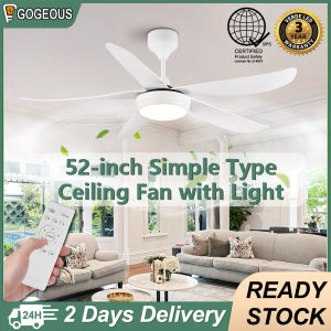 Gogeous 52 inch white ceiling fan with light modern design simple style tricolor dimming 6 speed wind ceiling fan with led lights and remote 5 blades big for living room dinning room