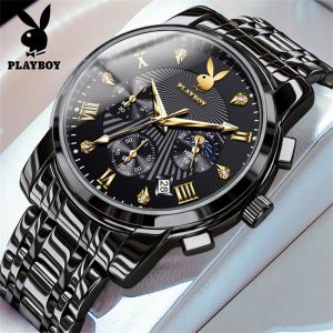 PLAYBOY  men watch new genuine waterproof luxury watch fashion multifunctional diamond luminous calendar quartz stainless steel jam tanggan lelaki
