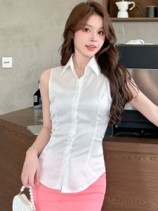เสื้อเชิ้ตแขนกุดผ้าไหมน้ำแข็งซาตินสไตล์เกาหลีสำหรับผู้หญิง เสื้อเชิ้ตคอโปโลแขนกุดแบบลำลองสำหรับใส่ทำงานในช่วงฤดูร้อนปี 2024
