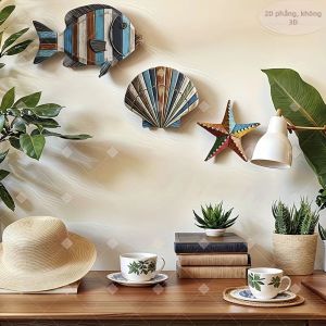 Bộ 3 Món Trang Trí Tường Bằng Gỗ Hình Biển Đại Dương Cá Vỏ Sò Sao Biển Phong Cách Địa Trung Hải Trang Trí Nhà Cửa