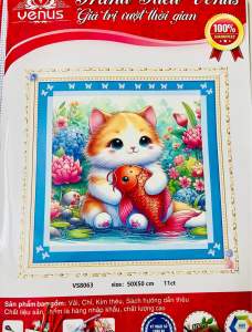 Tranh thêu kín Mèo cá vs8063 kích thước 50 x 50 cm