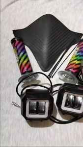 PAKETAN 5IN1 VISOR SEPEDA BMX KARBON + 2 LAMPU DAYMAKER 2 LENSA KOTAK BULAT + SAKLAR STANG + HANDGRIP PELANGI