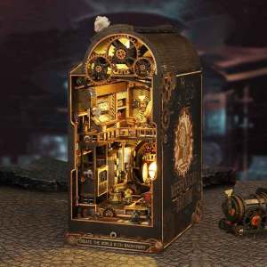 ชุดตัวต่อไม้ 3 มิติ บ้านตุ๊กตาจิ๋ว DIY ชุดตกแต่งมุมหนังสือพร้อมไฟ LED ของเล่นประกอบแบบจำลอง ชั้นวางหนังสือตกแต่ง ของขวัญคริสต์มาสสำหรับเด็กอายุ 14 ปีขึ้นไป