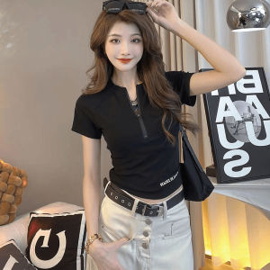 Slim Fit Short Sleeve T-Shirt Womens Summer New Fashion Zipper Short Top Base Shirt Waist Cinching Trendy Base Layer Shirt