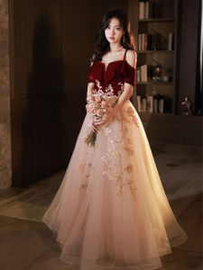 ชุดราตรีไซส์ใหญ่ ชุดแต่งงาน ชุดราตรีสำหรับสาวๆ วัย 18-25 ปี ฤดูใบไม้ผลิ 2025 ชุดราตรียาวเอวกลาง ผ้าโพลีเอสเตอร์ผสม