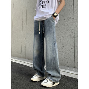 Japanese-Style Retro Blue Denim Mens Summer Fashion Brand Loose Easiest for Match Washed Casual Elastic Waist Micro-Pull Straight-Leg Pants
