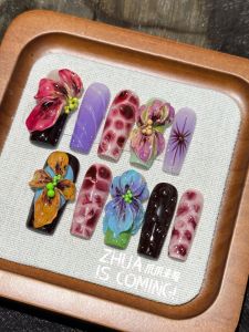 Tropical Flower Handmade 3D Engraving Colorful Painted High-End Sensation Spicy Girl White Heavy-Work Hand-Wearable Nail