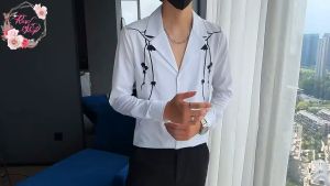 Áo sơ mi nam cổ vest thêu họa tiết hoa lá cực sang chảnh lịch lãm N53