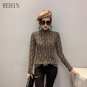 REHIN Womens top New fashion print high neck Stamped diamond slim fit stretch long-sleeved T-shirt slim fit and thin blouse