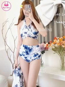 Đồ bơi nữ bikini set 3 món hoạ tiết hoa quảng châu  khăn choàng nhẹ nhàng đồ đi biển bikini kín đáo