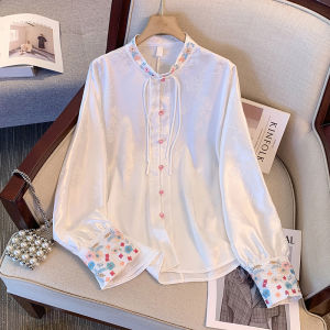 Embroidered Silk Long Sleeve White Shirt