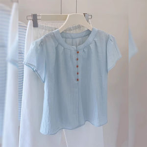OOTD Fashionable Youthful Blue Single-row Buttoned Short Sleeve Blouse