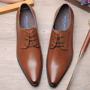 British Style Genuine Leather Pointed Toe Mens Fashion Shoes Business Formal Derby Lace-Up Loafers Breathable Pure Color