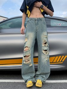 Retro American Mens Jeans Spring Summer Loose Straight Casual Denim Pants Torn Hole Style Youth Popular Long Pants