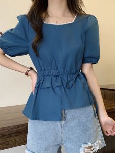 Plus Size French Style Pearl Squared Collar Chiffon Shirt for Women Loose Fit Slimming Design Unique Color Block Sleeve