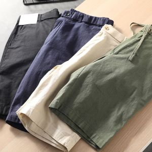 Washed Cotton Linen Mens Summer Elastic Shorts Basic Style Fashionable Urban Casual Pants Knee-Length Straight Leg Bermuda Shorts
