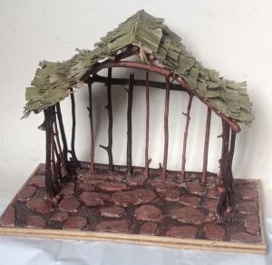 Christmas Nativity Stable Belen rustic wooden structure with thatched roof and stone base Handmade
