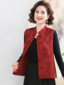 เสื้อกั๊กผู้หญิงวัยกลางคนและผู้สูงอายุสไตล์จีนย้อนยุคแบบใหม่ กระดุม แขนสั้น ลายดอกไม้ พิมพ์ลายชาติพันธุ์ เสื้อผ้าทำงาน