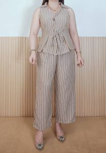Womens Striped Terno Set | Sleeveless Linen Blend Top + Straight Cut Pants | Freesize