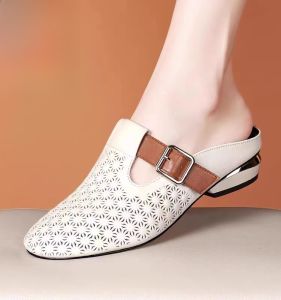 Womens Genuine Leather round Toe Slippers Summer 2024 Breathable Open-Toe Sandals Thick Heel Hollow out Belt Casual Shoes