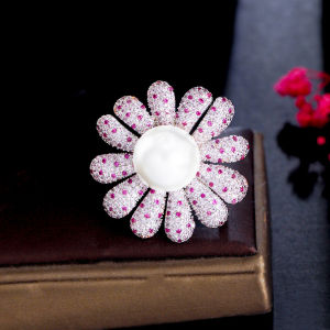 เลื่อมโตดอกไม้ขนาดใหญ่มากปรับได้แหวนใส่นิ้วมุกปูขนาดเล็กสีแดงกุหลาบเล็กๆสีขาวเซอร์โคเนียคริสตัลเคลือบสีเงินโอ้อวดการจัดงานแต่งงานเครื่องประดับ SR060