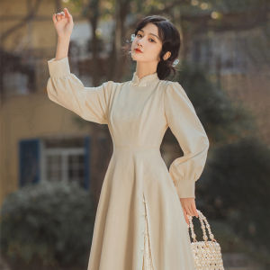 Elegant Long Sleeve Chinese National Style Dress Womens Autumn Winter High Waist A-Line Dress Skin-friendly Breathable