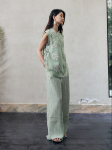 SUSHE | Embroidery Lace-Up Blouse with Cutout Edging Palazzo Pants Set