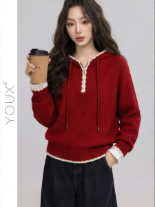 YOUXIANG | Áo Hoodie Nửa Mở Màu Đỏ Cho Phụ Nữ Tết Nguyên Đán
