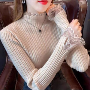 Women Lace Solid Basic Knitted Tops Turtleneck Long Sleeve Slim Casual Pullovers Korean Fashion Chic Autumn Winter Warm Sweater