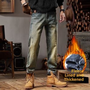 ROMON | Romon Fleece Lined Thick Mens Jeans Autumn Winter Loose Straight Leg Retro Casual Long Trousers Warm Cotton Polyester Blend