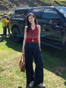 เสื้อคลุมคาร์ดิแกนถักแขนยาวสองชิ้นสีแดงเซ็กซี่สำหรับผู้หญิง ชุดทำงานสไตล์เกาหลี ทรงเข้ารูป ปกติ