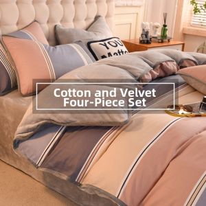 Plush Flannel Thickened Simple Striped Winter Bedding Set