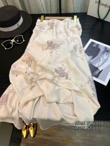 New Chinese Style Gold Printing Acetate Fish Tail Half Skirt Women Summer Gentle Nature Split Wrap around Skirt High Waist Midi A-Line Skirt