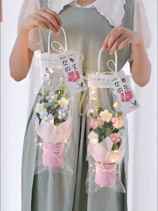 DIY Hand Knitted Puff Flowers with Light Hand-woven Flowers Bouquet Sunflower Crochet Bouquet Gift for Ramadan