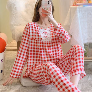 ชุดนอนผ้าไหมฝ้ายบางสำหรับฤดูใบไม้ผลิและฤดูใบไม้ร่วง ชุดอยู่บ้านแบบลำลองสำหรับใส่กลางแจ้งได้ ไซส์ใหญ่ ชุดนอนผู้หญิง 2 ชิ้น