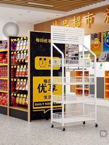 Supermarket snack shelf beverage small food toy display stand convenience store multi-layered shelf Commercial Supermarket Shelf Display Rack 4 5 Tier  Floor-Standing Snacks/Medicine Organizer Stand with Wheels Portable Chip Holder for Pantry